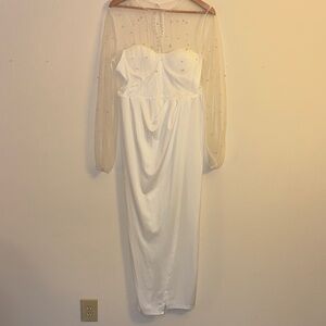 Elegant White Dress with Pearl Sheer Sleeves